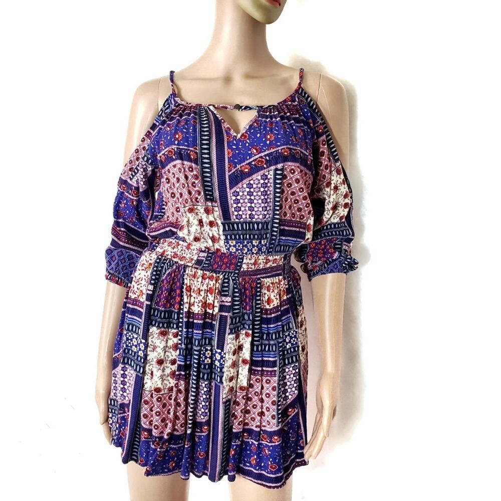 Aeo | Strappy Cold Shoulder Boho Patchwork Dress - image 1